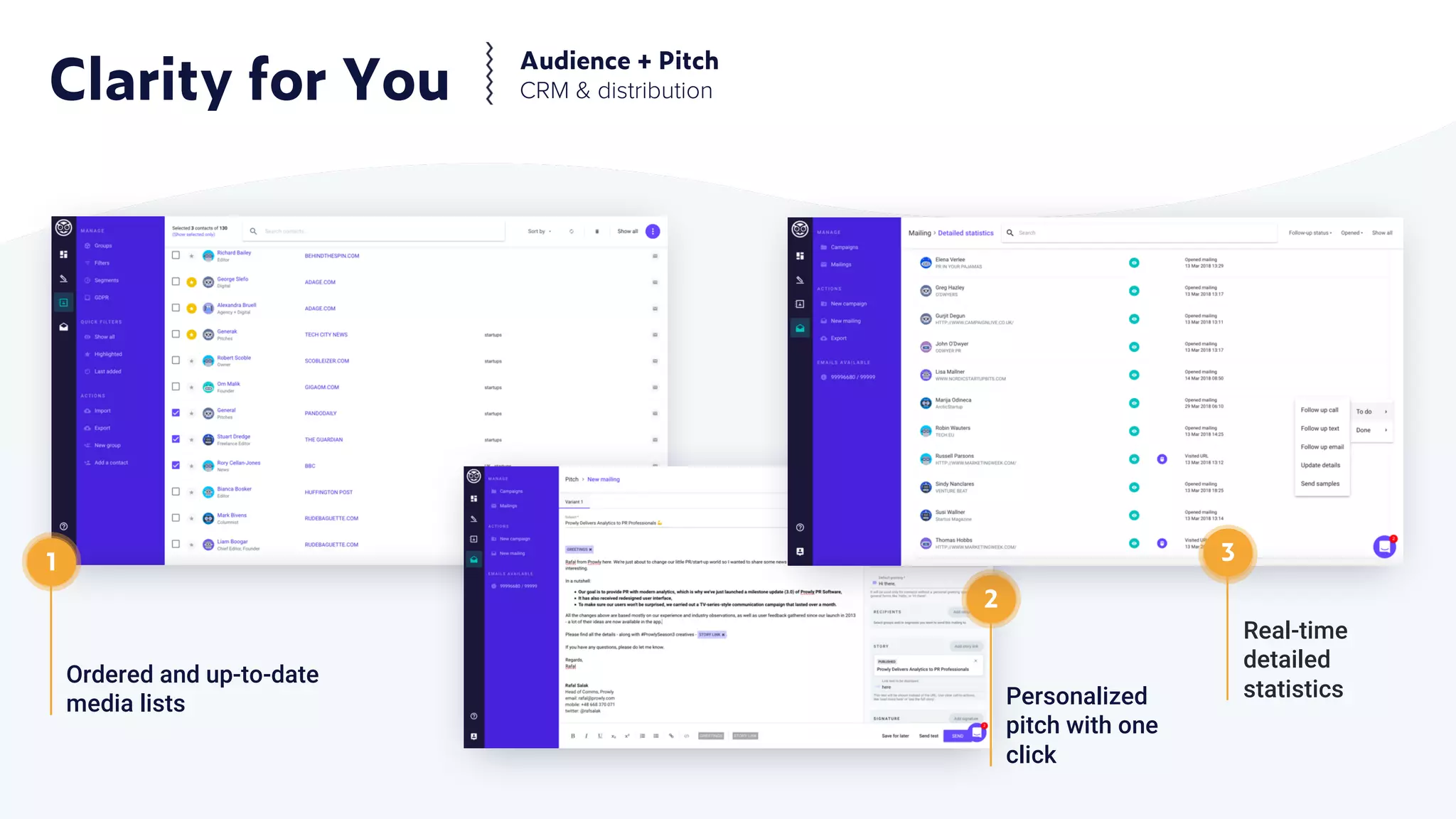 Clarity for You
Audience + Pitch
CRM & distribution
Ordered and up-to-date
media lists
1
Personalized
pitch with one
click
2
Real-time
detailed
statistics
3
 