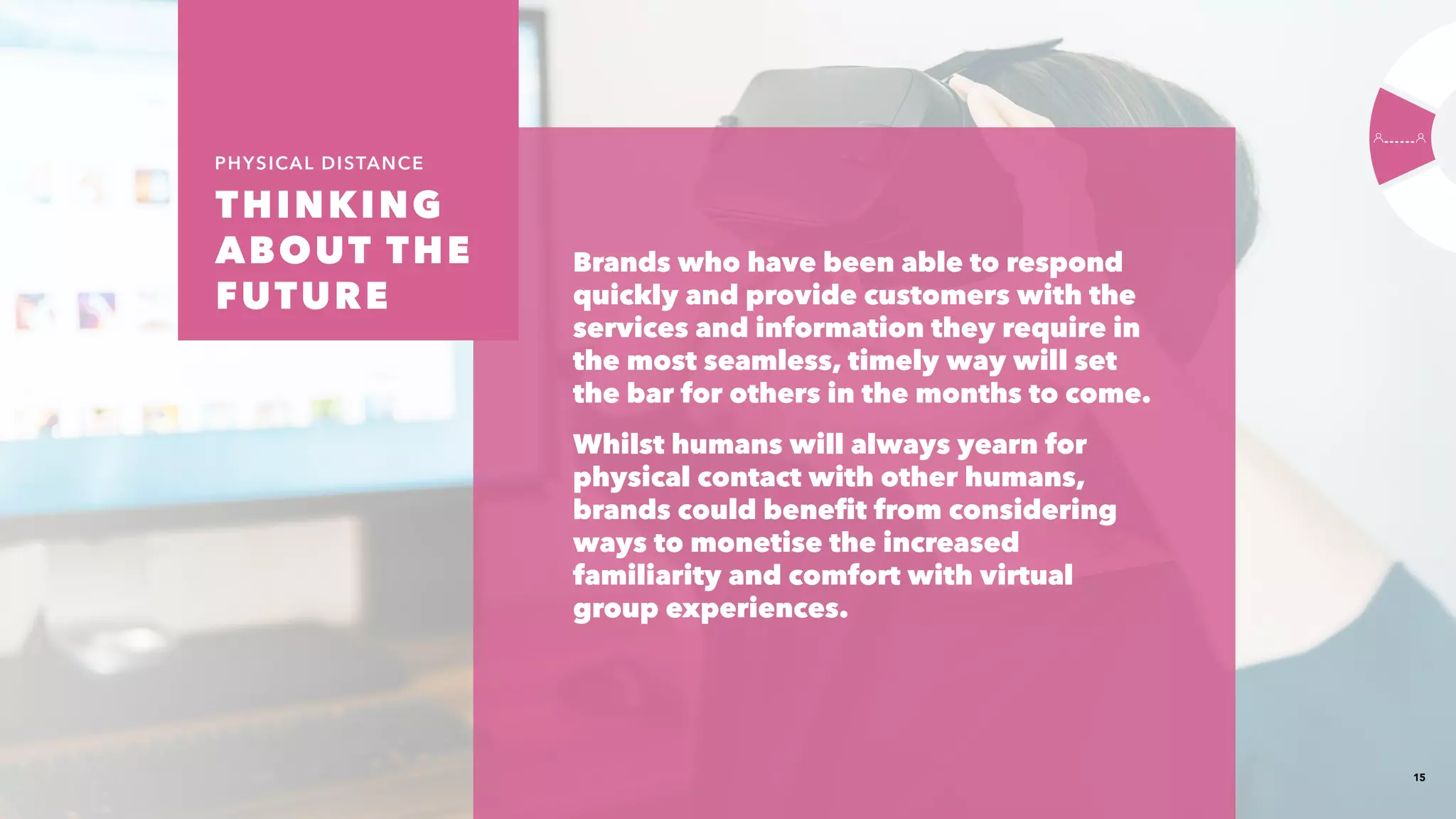 15
Brands who have been able to respond
quickly and provide customers with the
services and information they require in
the most seamless, timely way will set
the bar for others in the months to come.​
Whilst humans will always yearn for
physical contact with other humans,
brands could benefit from considering
ways to monetise the increased
familiarity and comfort with virtual
group experiences.
THINKING
ABOUT THE
FUTURE 
PHYSICAL DISTANCE
 