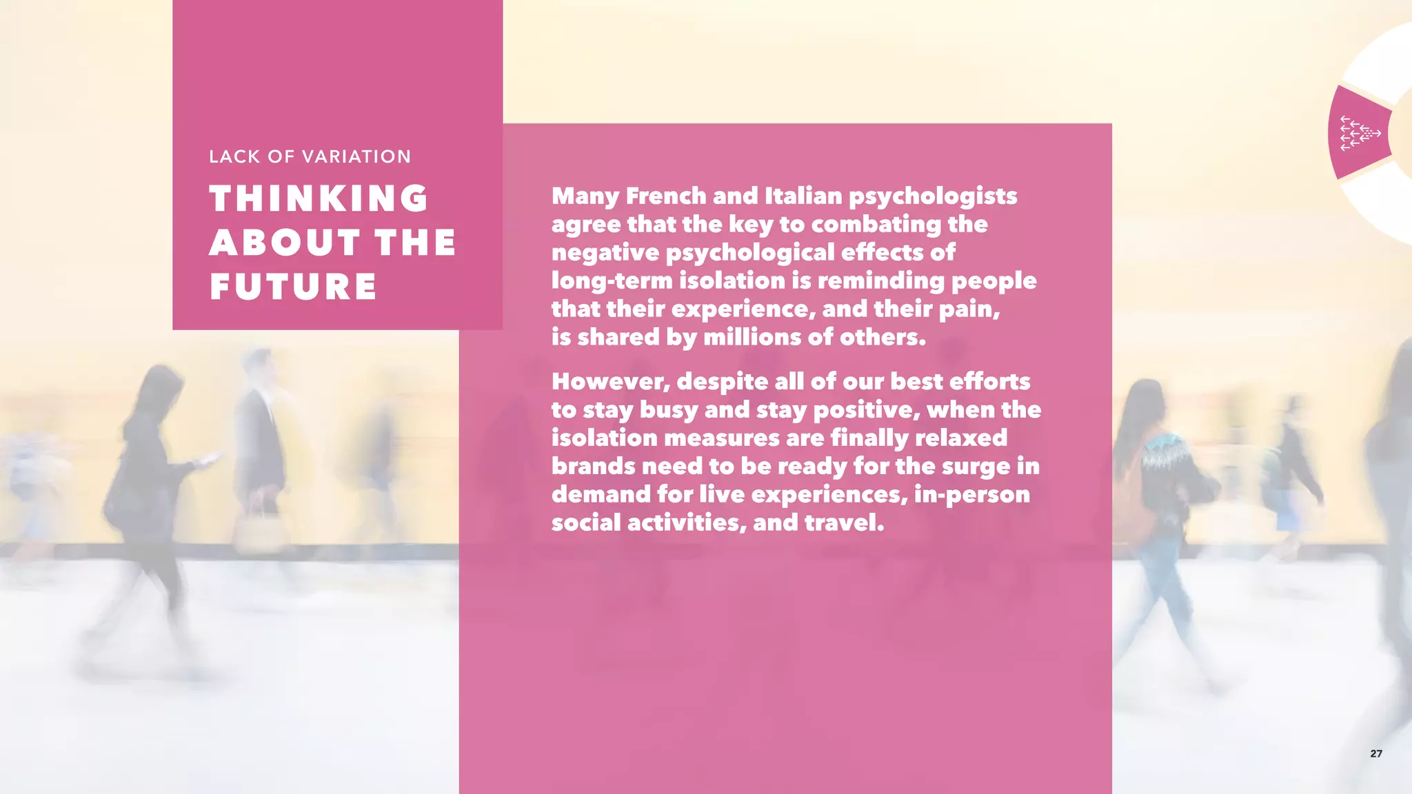 27
Many French and Italian psychologists
agree that the key to combating the
negative psychological effects of
long-term isolation is reminding people
that their experience, and their pain,
is shared by millions of others.
However, despite all of our best efforts
to stay busy and stay positive, when the
isolation measures are finally relaxed
brands need to be ready for the surge in
demand for live experiences, in-person
social activities, and travel.
THINKING
ABOUT THE
FUTURE 
LACK OF VARIATION
 