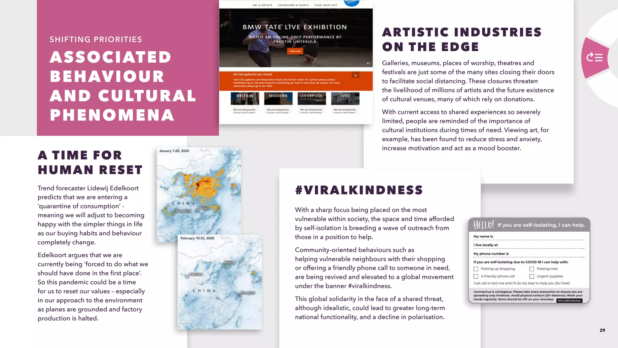 29
ASSOCIATED
BEHAVIOUR
AND CULTURAL
PHENOMENA 
SHIFTING PRIORITIES
Trend forecaster Lidewij Edelkoort
predicts that we are entering a
‘quarantine of consumption’ -
meaning we will adjust to becoming
happy with the simpler things in life
as our buying habits and behaviour
completely change.
Edelkoort argues that we are
currently being ‘forced to do what we
should have done in the first place’.
So this pandemic could be a time
for us to reset our values – especially
in our approach to the environment
as planes are grounded and factory
production is halted.
A TIME FOR
HUMAN RESET
Galleries, museums, places of worship, theatres and
festivals are just some of the many sites closing their doors
to facilitate social distancing. These closures threaten
the livelihood of millions of artists and the future existence
of cultural venues, many of which rely on donations.
With current access to shared experiences so severely
limited, people are reminded of the importance of
cultural institutions during times of need. Viewing art, for
example, has been found to reduce stress and anxiety,
increase motivation and act as a mood booster. 
ARTISTIC INDUSTRIES
ON THE EDGE
#VIRALKINDNESS
With a sharp focus being placed on the most
vulnerable within society, the space and time afforded
by self-isolation is breeding a wave of outreach from
those in a position to help.
Community-oriented behaviours such as
helping vulnerable neighbours with their shopping
or offering a friendly phone call to someone in need,
are being revived and elevated to a global movement
under the banner #viralkindness.
This global solidarity in the face of a shared threat,
although idealistic, could lead to greater long-term
national functionality, and a decline in polarisation.
 
