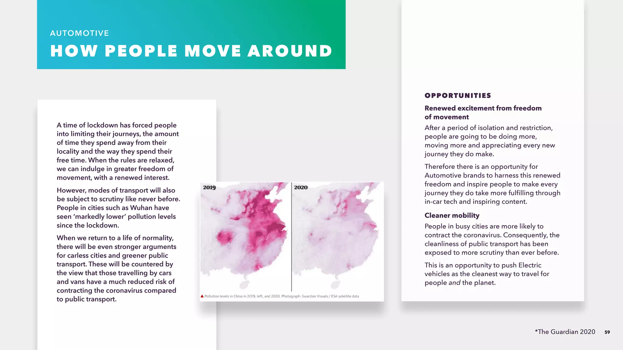59
AUTOMOTIVE
HOW PEOPLE MOVE AROUND
A time of lockdown has forced people
into limiting their journeys, the amount
of time they spend away from their
locality and the way they spend their
free time.​When the rules are relaxed,
we can indulge in greater freedom of
movement, with a renewed interest.​
However, modes of transport will also
be subject to scrutiny like never before.
People in cities such as Wuhan have
seen ‘markedly lower’ pollution levels
since the lockdown​.
When we return to a life of normality,
there will be even stronger arguments
for carless cities and greener public
transport. These will be countered by
the view that those travelling by cars
and vans have a much reduced risk of
contracting the coronavirus compared
to public transport.​
OPPORTUNITIES
Renewed excitement from freedom
of movement​
After a period of isolation and restriction,
people are going to be doing more,
moving more and appreciating every new
journey they do make. ​
Therefore there is an opportunity for
Automotive brands to harness this renewed
freedom and inspire people to make every
journey they do take more fulfilling through
in-car tech and inspiring content.​
Cleaner mobility​
People in busy cities are more likely to
contract the coronavirus. Consequently, the
cleanliness of public transport has been
exposed to more scrutiny than ever before.​
This is an opportunity to push Electric
vehicles as the cleanest way to travel for
people and the planet.
*The Guardian 2020​
 