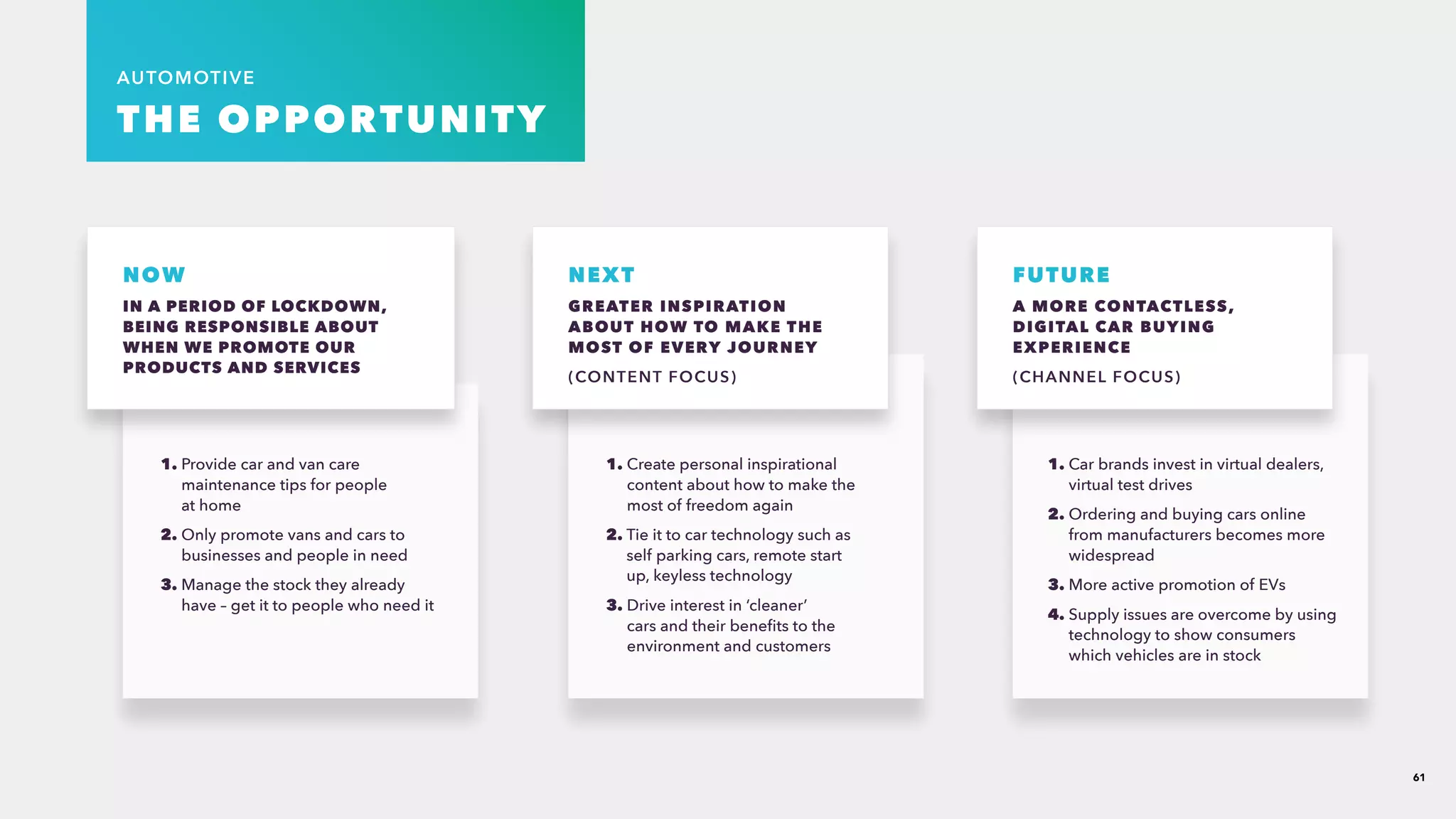 61
AUTOMOTIVE
THE OPPORTUNITY
NOW​
IN A PERIOD OF LOCKDOWN,
BEING RESPONSIBLE ABOUT
WHEN WE PROMOTE OUR
PRODUCTS AND SERVICES
NEXT
​GREATER INSPIRATION
ABOUT HOW TO MAKE THE
MOST OF EVERY JOURNEY​
(CONTENT FOCUS)
FUTURE
A MORE CONTACTLESS,
DIGITAL CAR BUYING
EXPERIENCE​
(CHANNEL FOCUS)
1. Provide car and van care
maintenance tips for people
at home​
2. Only promote vans and cars to
businesses and people in need​
3. Manage the stock they already
have – get it to people who need it
1. Create personal inspirational
content about how to make the
most of freedom again​
2. Tie it to car technology such as
self parking cars, remote start
up, keyless technology​
3. Drive interest in ‘cleaner’
cars and their benefits to the
environment and customers​
1. Car brands invest in virtual dealers,
virtual test drives​
2. Ordering and buying cars online
from manufacturers becomes more
widespread​
3. More active promotion of EVs​
4. Supply issues are overcome by using
technology to show consumers
which vehicles are in stock
 