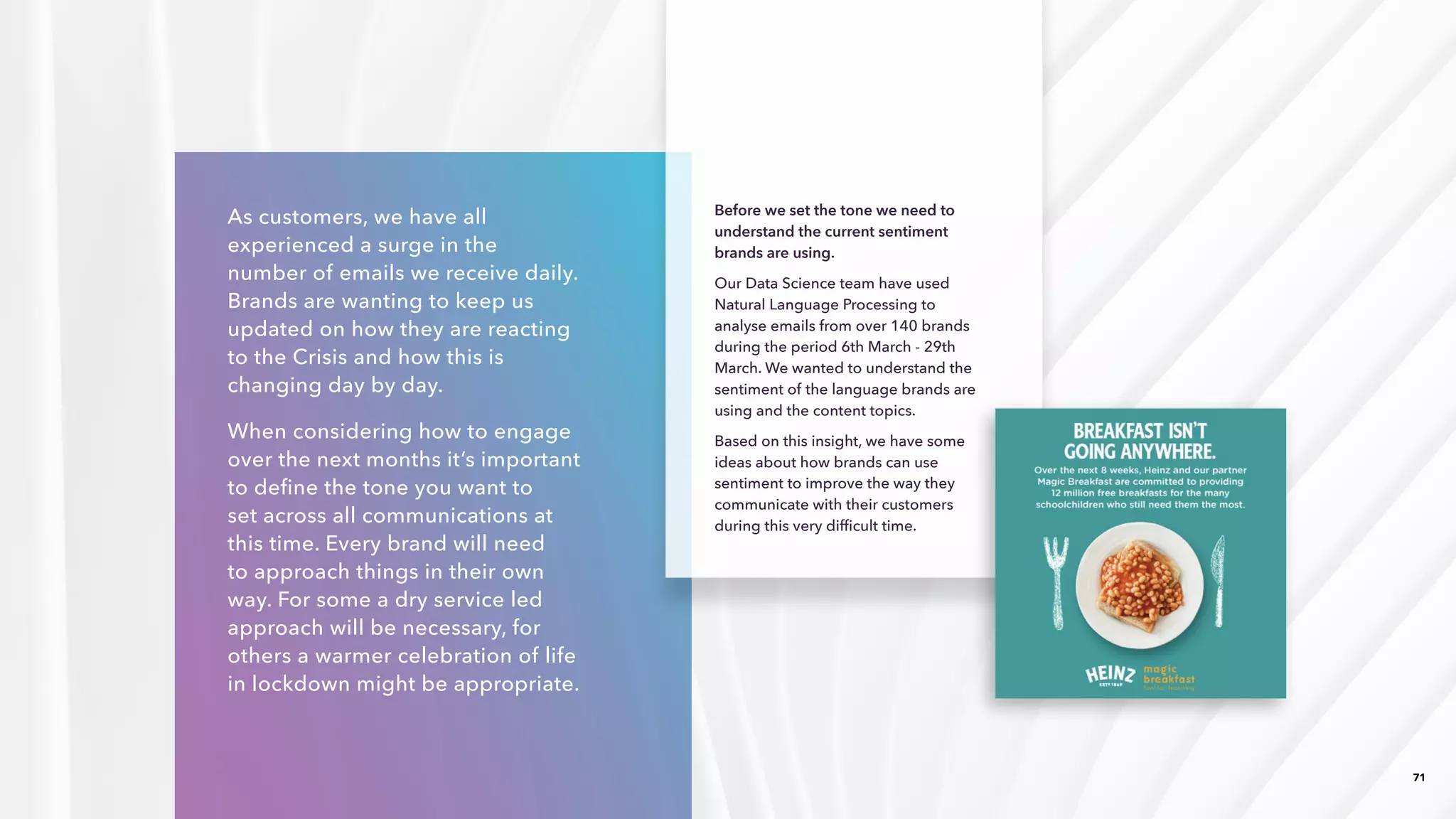 71
As customers, we have all
experienced a surge in the
number of emails we receive daily.
Brands are wanting to keep us
updated on how they are reacting
to the Crisis and how this is
changing day by day. ​
When considering how to engage
over the next months it’s important
to define the tone you want to
set across all communications at
this time. Every brand will need
to approach things in their own
way. For some a dry service led
approach will be necessary, for
others a warmer celebration of life
in lockdown might be appropriate.​
Before we set the tone we need to
understand the current sentiment
brands are using.​
Our Data Science team have used
Natural Language Processing to
analyse emails from over 140 brands
during the period 6th March - 29th
March. We wanted to understand the
sentiment of the language brands are
using and the content topics.​
Based on this insight, we have some
ideas about how brands can use
sentiment to improve the way they
communicate with their customers
during this very difficult time. ​
 