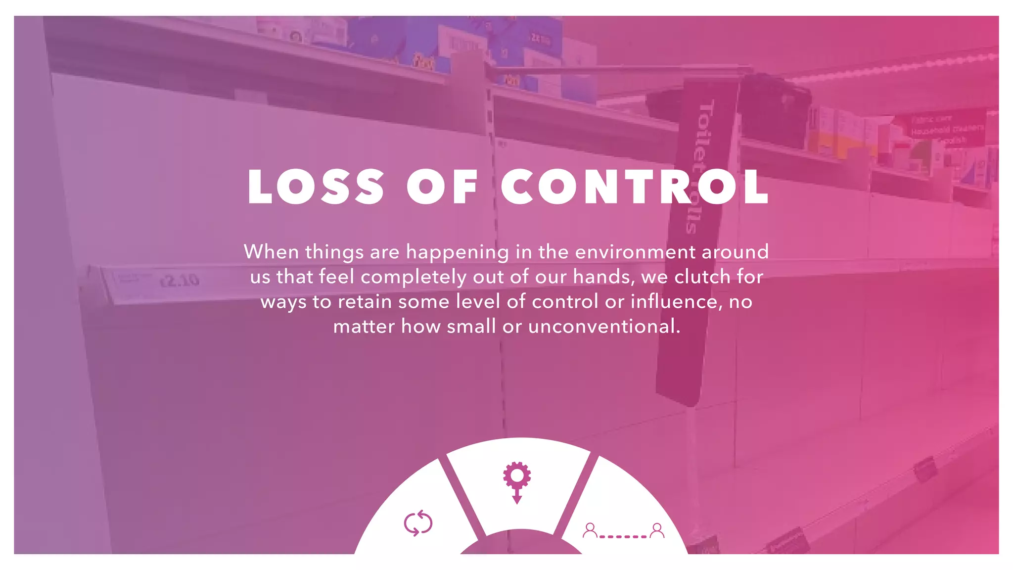 8
LOSS OF CONTROL
When things are happening in the environment around
us that feel completely out of our hands, we clutch for
ways to retain some level of control or influence, no
matter how small or unconventional.
 