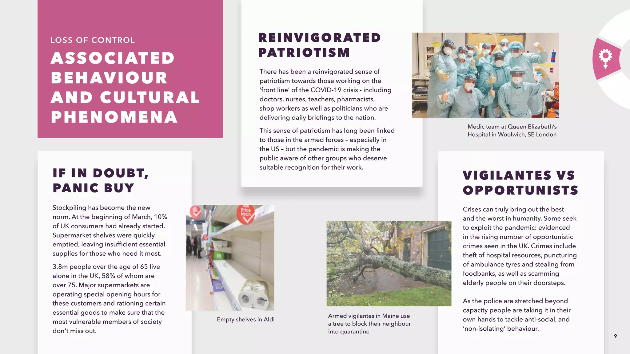 9
LOSS OF CONTROL
ASSOCIATED
BEHAVIOUR
AND CULTURAL
PHENOMENA 
Stockpiling has become the new
norm. At the beginning of March, 10%
of UK consumers had already started.
Supermarket shelves were quickly
emptied, leaving insufficient essential
supplies for those who need it most.​
3.8m people over the age of 65 live
alone in the UK, 58% of whom are
over 75. Major supermarkets are
operating special opening hours for
these customers and rationing certain
essential goods to make sure that the
most vulnerable members of society
don't miss out.
There has been a reinvigorated sense of
patriotism towards those working on the
‘front line’ of the COVID-19 crisis - including
doctors, nurses, teachers, pharmacists,
shop workers as well as politicians who are
delivering daily briefings to the nation. ​
This sense of patriotism has long been linked
to those in the armed forces – especially in
the US – but the pandemic is making the
public aware of other groups who deserve
suitable recognition for their work.​
Empty shelves in Aldi​
Medic team at Queen Elizabeth’s
Hospital in Woolwich, SE London​
IF IN DOUBT,
PANIC BUY
REINVIGORATED
PATRIOTISM
Crises can truly bring out the best
and the worst in humanity. Some seek
to exploit the pandemic: evidenced
in the rising number of opportunistic
crimes seen in the UK. Crimes include
theft of hospital resources, puncturing
of ambulance tyres and stealing from
foodbanks, as well as scamming
elderly people on their doorsteps.
​
As the police are stretched beyond
capacity people are taking it in their
own hands to tackle anti-social, and
‘non-isolating’ behaviour.
Armed vigilantes in Maine use
a tree to block their neighbour
into quarantine​
VIGILANTES VS
OPPORTUNISTS
 