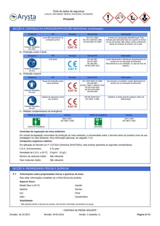 Proxanil
Ficha de dados de segurança
conforme 1907/2006/EC (REACH), 453/2010/EC, 2015/830/EU
SECÇÃO 8: CONTROLO DA EXPOSIÇÃO/PROTECÇÃO INDIVIDUAL (continuação)
ObservaçõesNormas ECNMarcaçãoPPEPictograma
O tempo de impregnação (Breakthrough Time)
indicado pelo fabricante deve ser superior ao tempo
de uso do produto. Não utilizar cremes protectores
depois do contacto do produto com a pele.
EN 374-1:2003
EN 374-3:2003/AC:2006
EN 420:2003+A1:2009
Luvas NÃO descartáveis de
protecção química
Protecção obrigatória
das mãos
Protecção ocular e facialD.-
ObservaçõesNormas ECNMarcaçãoPPEPictograma
Limpar diariamente e desinfectar periodicamente de
acordo com as instruções do fabricante.
Recomenda-se a sua utilização, no caso de risco de
salpicos.
EN 166:2001
EN 167:2001
EN 168:2001
EN ISO 4007:2012
Ecrã facial
Protecção obrigatória
da cara
Protecção corporalE.-
ObservaçõesNormas ECNMarcaçãoPPEPictograma
Uso exclusivo no trabalho. Limpar diariamente de
acordo com as instruções do fabricante.
EN 13034:2005+A1:2009
EN 168:2001
EN ISO 13982-1:2004/A1:2010
EN ISO 6529:2001
EN ISO 6530:2005
EN 464:1994
Roupa de protecção contra
riscos químicos.
Protecção obrigatória
do corpo
Substituir as botas perante qualquer indício de
deterioração.
EN ISO 20345:2011
EN 13832-1:2006
Calçado de segurança contra
risco químico
Protecção obrigatória
dos pés
Medidas complementares de emergênciaF.-
NormasMedida de emergênciaNormasMedida de emergência
DIN 12 899
ISO 3864-1:2002
Lava-olhos
ANSI Z358-1
ISO 3864-1:2002
Duche de emergência
Não relevantePeso molecular médio:
Não relevanteNúmero de carbonos médio:
0 kg/m³ (0 g/L)Densidade de C.O.V. a 20 ºC:
0 % pesoC.O.V. (Fornecimento):
Em aplicação do Decreto-Lei n° 127/2013 (Directiva 2010/75/EU), este produto apresenta as seguintes características:
Compostos orgânicos voláteis:
Em virtude da legislação comunitária de protecção do meio ambiente, é recomendado evitar o derrame tanto do produto como da sua
embalagem no meio ambiente. Para informação adicional, ver epígrafe 7.1.D
Controlos de exposição do meio ambiente:
SECÇÃO 9: PROPRIEDADES FÍSICAS E QUÍMICAS
Volatilidade:
CaracterísticoOdor:
CinzaCor:
ViscosoAspecto:
Líquido.Estado físico a 20 ºC:
Aspecto físico:
Para obter informações completas ver a ficha técnica do produto.
Informações sobre propriedades físicas e químicas de base:9.1
*Não aplicável devido à natureza do produto, não fornecer informação característica do perigo.
Página 5/12Emissão: 26-10-2015 Revisão: 09-03-2016 Versão: 2 (substitui 1)
- CONTINUA NA PÁGINA SEGUINTE -
 