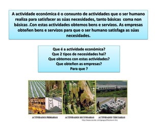 A actividade económica é o conxunto de actividades que o ser humano
  realiza para satisfacer as súas necesidades, tanto básicas coma non
 básicas .Con estas actividades obtemos bens e servizos. As empresas
   obteñen bens e servizos para que o ser humano satisfaga as súas
                               necesidades.

                    Que é a actividade económica?
                   Que 2 tipos de necesidades hai?
                  Que obtemos con estas actividades?
                      Que obteñen as empresas?
                              Para que ?




                                    http://www.escolar.com/geogra/05actecon.htm
 
