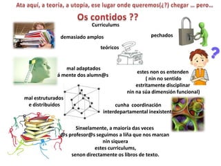 Curriculums

              demasiado amplos                     pechados

                              teóricos


                mal adaptados
                                              estes non os entenden
             á mente dos alumn@s
                                                  ( nin no sentido
                                             estritamente disciplinar
                                         nin na súa dimensión funcional)
mal estruturados
 e distribuidos                     cunha coordinación
                               interdepartamental inexistente

                    Sinxelamente, a maioría das veces
              @s profesor@s seguimos a liña que nos marcan
                               nin siquera
                            estes curriculums,
                  senon directamente os libros de texto.
 