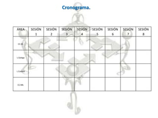 Cronograma.



ÁREA        SESIÓN   SESIÓN   SESIÓN   SESIÓN   SESIÓN   SESIÓN   SESIÓN   SESIÓN
               1        2        3        4        5        6        7        8

 CC.SS.




L.Galega




L.Castelá




CC.NN.
 