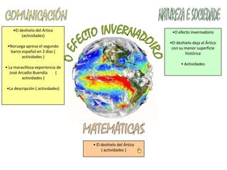 •El deshielo del Ártico                                   •O efecto invernadoiro
         (actividades)
                                                             •El deshielo deja el Ártico
 •Noruega apresa el segundo                                   con su menor superficie
  barco español en 2 días (                                           histórica
        actividades )
                                                                   • Actividades
• La maravillosa experiencia de
   José Arcadio Buendía     (
          actividades )

•La descripción ( actividades)




                                  • El deshielo del Ártico
                                       ( actividades )
 