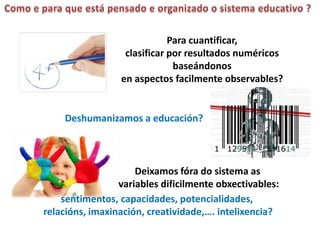 Para cuantificar,
                  clasificar por resultados numéricos
                              baseándonos
                 en aspectos facilmente observables?


    Deshumanizamos a educación?



                     Deixamos fóra do sistema as
                 variables dificilmente obxectivables:
    sentimentos, capacidades, potencialidades,
relacións, imaxinación, creatividade,…. intelixencia?
 