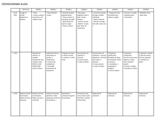 CRONOGRAMA AUGA

                     FEB Previa            SESIÓN 1                SESIÓN 2                SESIÓN 3               SESIÓN 4                SESIÓN 5                 SESIÓN 6                SESIÓN 7                 SESIÓN 8

       CC.SS     A auga no            - Texto:               - Texto colectivo.      - Remuiño de ideas:    - Peq. grupo:           - Cáculo de consumo      - Preparación ficha     - Encontro cos av@s.    - Reflexións finais.
       PRIN      mundo:               - Lectura, análise e   -Imaxes                 pequeño grupo          preguntas sobre o       da auga ( traballo       de traballo para        - Pequeño grupo         - Ideas clave.
                 problemas e          comentario oral.                               - Temas a tratar na    texto. Tempo            individual)              aclase cos av@s.        - Conclusións
                 desafíos.             Palabras clave.                               entrevista cos av@s    limitado.               - Cálculo colectivo.
                                                                                     - Apoio:Cómic De       - Posta en común.       - Cálculo no tempo
                                                                                     quen é a auga?         - Elaborar un peq.      dos av@s ( para casa
                                                                                     - Posta en común.      texto indiv. de         )
                                                                                                            conclusións.




      L. GAL.                         Abordaxe de            Análise das noticias.   A linguaxe do cómic.   Características da      Características da       A reportaxe:            A reportaxe:            A reportaxe: revisión.
                                      noticias cos           Información vs.         A: recursos da BD.     reportaxe 1:            reportaxe 2: recursos    planificación.          composición.            A: folla de control;
                                      contidos.              opinión. A              P: continuar o cómic   estrutura.              lingüísticos. Fórmulas   Recolleita de datos     Uso de recursos para    ficha de avaliación.
                                      Comprensión das        modalización.           inicial                A: trazos parciais.     para captar a            da entrevista. Niveis   organizar, captar,      P: reportaxe en
                                      cuestións clave.       A: recursos de                                 P: cadro en GDocs       atención.                e rexistros.            citar e expresar        GDocs
                                      APOIO: as 6W           modalización                                                           A: trazos parciais.      A: variedades; a        opinión.
                                      PRODUCIÓN:             P: actividade                                                          P: cadro en GDocs        organización            A: Pautas e listados.
                                      cadro en GDocs         (interactiva) de                                                                                temática.               P: borrador en GDocs
                                                             localización                                                                                    P: ficha en GDocs




      L. CAST.   Aspectos formais     Aspectos formais       Guión da entrevista;    Supervisión e          Trasvase do texto       Redacción da             Redacción da            Redacción da            Redacción da
                 da entrevista.       da entrevista.         planificar o texto      corrección do guión    oral ao texto escrito   entrevista               entrevista              entrevista              entrevista
                 Pídese cita para a   Pídese cita para a     (preguntas, intención   da entrevista          Presentar o modelo
                 entrevista           entrevista             da entrevista...)                              Pensar titular
 