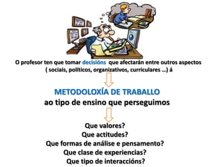 O profesor ten que tomar decisións que afectarán entre outros aspectos
            ( sociais, políticos, organizativos, curriculares …) á


             METODOLOXÍA DE TRABALLO
          ao tipo de ensino que perseguimos

                       Que valores?
                     Que actitudes?
           Que formas de análise e pensamento?
                Que clase de experiencias?
                 Que tipo de interaccións?
 