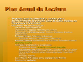 Plan Anual de Lectura Programa anual de obxectivos e  accións para o desenvolvemento do proxecto lector de centro. Inclúese na Programación Xeral Anual.  Pode recoller, entre outros aspectos: Obxectivos. Fundamentación  Organización de  espazos e tempos  para a lectura Dinamización da  biblioteca escolar . Seccións (bibliotecas de aula ou departamento)  Rutinas de lectura . Actividades sistemáticas Actividades na hora da biblioteca ou na  Hora de ler Recursos humanos  que interveñen nas actividades de fomento da lectura Itinerarios lectores Actividades programadas e temporizadas Campañas de lectura,  proxectos documentais integrados Actividades puntuais : obradoiros, exposicións, concursos, encontros con autores, celebracións (Día da Biblioteca Escolar, Día do Libro Infantil, Día do Libro, Día da Paz, 8 de Marzo, Semana da prensa, Día das Letras Galegas,  Día do Medio Ambiente…) Recursos e materiais Ler en familia.  Actividades para a implicación das familias.  Seguimento e  avaliación 
