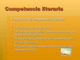 Competencia literaria Formación da competencia literaria : Ler literatura polo pracer de ler Ler literatura para realizar determinadas tarefas, con obxectivos curriculares Textos diversos (contido, xénero e complexidade) Itinerarios  lectores   Progresión nas propostas de textos cada vez máis esixentes co lector 