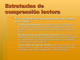 Estratexias de comprensión lectora Para a comprensión dos textos escritos cómpre ter en conta : O coñecemento previo , os esquemas de coñecemento que construímos e que nos permite comprender unha situación, un programa de radio, unha noticia ou un texto lido. Os obxectivos ou intencións da lectura , dos que vai depender a capacidade de resposta diante das dificultades de comprensión. O control da comprensión é un requisito esencial para a lectura eficaz. A actividade ten que ter sentido . A lectura dun texto terá sentido  para un lector se o seu contido conecta cos  seus intereses e se a tarefa responde a unha finalidade. 