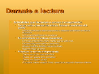 Durante a lectura Actividades que favorecen o acceso á comprensión: Ter en conta o proceso da lectura, facerse conscientes del, guialo Lectura individual e silenciosa previa a calquera actividade de lectura expresiva Lectura exemplificadora do profesor En actividades de lectura compartida: Formular prediccións sobre o texto que se está a ler. Facerse preguntas sobre o que se leu. Aclarar posibles dúbidas acerca do texto. Resumir ideas do texto. Prácticas de lectura independente:  Textos con erros, para identificar Textos con lagoas para completar Textos con frases “pirata” Completar textos, engadir finais, reescritura segundo diversos criterios 