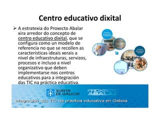 Centro educativo dixital
A estratexia do Proxecto Abalar
xira arredor do concepto de
centro educativo dixital que se
                   dixital,
configura como un modelo de
referencia no que se recollen as
características ideais xerais a
nivel de infraestruturas, servizos,
procesos e incluso a nivel
organizativo que deben
implementarse nos centros
educativos para a integración
das TIC na práctica educativa.
 
