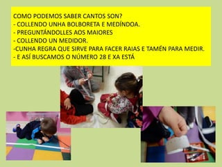 COMO PODEMOS SABER CANTOS SON?
- COLLENDO UNHA BOLBORETA E MEDÍNDOA.
- PREGUNTÁNDOLLES AOS MAIORES
- COLLENDO UN MEDIDOR.
-CUNHA REGRA QUE SIRVE PARA FACER RAIAS E TAMÉN PARA MEDIR.
- E ASÍ BUSCAMOS O NÚMERO 28 E XA ESTÁ
 