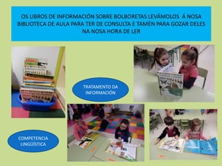 OS LIBROS DE INFORMACIÓN SOBRE BOLBORETAS LEVÁMOLOS Á NOSA
BIBLIOTECA DE AULA PARA TER DE CONSULTA E TAMÉN PARA GOZAR DELES
NA NOSA HORA DE LER
TRATAMENTO DA
INFORMACIÓN
COMPETENCIA
LINGÜÍSTICA
 