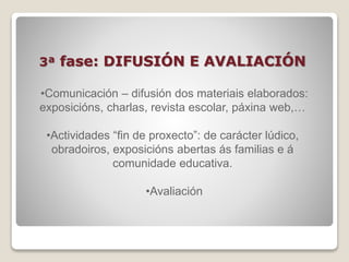 3ª fase: DIFUSIÓN E AVALIACIÓN 
•Comunicación – difusión dos materiais elaborados: 
exposicións, charlas, revista escolar, páxina web,… 
•Actividades “fin de proxecto”: de carácter lúdico, 
obradoiros, exposicións abertas ás familias e á 
comunidade educativa. 
•Avaliación 
