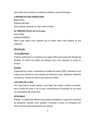 Libro sobre aves mariñas e acuáticas de Galicia e norte de Portugal.
A REPÚBLICA DOS SOÑOS (ESO)
Nélida Piñón
Editorial GALAXIA
Dous rapaces embarcan en Vigo rumbo a Brasil.
EL PRÍNCIPE FELIZ ( de 0 a 6 anos)
Oscar Wilde
Editorial EVEREST
Breve conto sobre unha andoriña que se detén sobre unha estatua na súa
migración.
PELÍCULAS:
14 KILÓMETROS
"Catorce quilómetros" é a distancia que separa África de Europa polo Estreito de
Xibraltar. En África hai millóns de persoas cuxo único obxectivo é entrar en
Europa.
ÉXODO
Superprodución sobre o nacemento do estado de Israel (1948). Seiscentos once
xudeus que sobreviviron aos campos de exterminio nazis, abandonan Alemaña
nun barco (o "Estrela de David") que atraca en Chipre.
LAS UVAS DE LA IRA
Tom Joad (Henry Fonda) regresa o seu fogar tras cumprir condena en prisión,
pero a ilusión de volver a ver os seus transfórmase en frustración ao ver como
son expulsados das súas terras.
INTOCABLE
Philippe, un aristócrata millonario que quedou tetrapléxico a causa dun accidente
de parapente, contrata como coidador a domicilio a Driss, un inmigrante dun
barrio marxinal saído recentemente do cárcere.
9
 