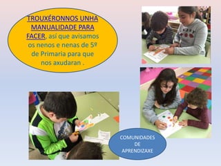 TROUXÉRONNOS UNHA
MANUALIDADE PARA
FACER, así que avisamos
os nenos e nenas de 5º
de Primaria para que
nos axudaran .
COMUNIDADES
DE
APRENDIZAXE
 