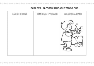 PARA TER UN CORPO SAUDABLE TEMOS QUE…
FACER EXERCICIO COMER SAN E VARIADO ASEARNOS A DIARIO
 