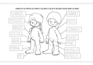COMPLETA AS PARTES DO CORPO E COLOREA A SILUETA SEGUNDO SEXAS NENO OU NENA
CABEZA
PESCOZO
BRAZO
VULVA
MAN
PERNA
PÉ
OMBRO
PEITO
CÓBADO
PULSO
PENE
XEONLLO
NOCELLO
 