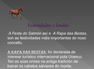 Festividades e lendas
 A Festa do Salmón así e A Rapa das Bestas,
son as festividades máis importantes do noso
concello.

A rapa das bestas, foi declarada de
interese turístico internacional pola Unesco.
Ten as súas oríxes na antiga tradición de
baixar os cabalos salvaxes do monte.
 
