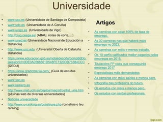 Universidade
:
• www.usc.es (Universidade de Santiago de Compostela)
• www.udc.es (Universidade de A Coruña)
• www.uvigo.es (Universidade de Vigo)
• http://ciug.cesga.es/ (ABAU, notas de corte,…)
• www.uned.es (Universidade Nacional de Educación a
Distancia)
• http://www.uoc.edu (Universitat Oberta de Cataluña.
Distancia)
• https://www.educacion.gob.es/notasdecorte/compBdDo;
jsessionid=0DE0A0568501D548FE7320DD76384CCC
(QEDU)
• https://www.gradomania.com/ (Guía de estudos
universitarios)
• www.yaq.es
• www.kekiero.es
• http://www.mat.ucm.es/deptos/maq/otros/list_unis.htm
(páxinas web de diversas universidades)
• Noticias universidade
• http://www.u-ranking.es/construye.php (constrúe o teu
ranking)
Artigos
• As carreiras con case 100% de taxa de
emprego.
• As 30 carreiras nas que haberá máis
emprego no 2022.
• As carreiras con máis e menos traballo.
• Os 10 perfís calificados mellor pagados polas
empresas en 2015.
• Titulacións FP coas que conseguirás
emprego 2017
• Especialistas máis demandados
• As carreiras con máis saídas e menos paro.
• Infografía das profesións do futuro.
• Os estudos con máis e menos paro.
• Os estudos con saídas profesionais.
 