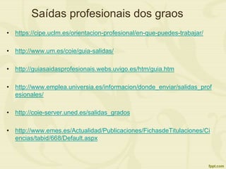 Saídas profesionais dos graos
• https://cipe.uclm.es/orientacion-profesional/en-que-puedes-trabajar/
• http://www.um.es/coie/guia-salidas/
• http://guiasaidasprofesionais.webs.uvigo.es/htm/guia.htm
• http://www.emplea.universia.es/informacion/donde_enviar/salidas_prof
esionales/
• http://coie-server.uned.es/salidas_grados
• http://www.emes.es/Actualidad/Publicaciones/FichasdeTitulaciones/Ci
encias/tabid/668/Default.aspx
 