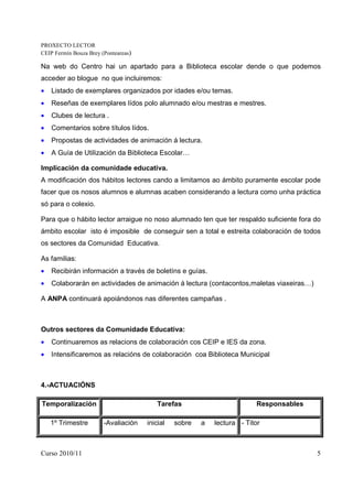 PROXECTO LECTOR
CEIP Fermín Bouza Brey (Ponteareas)

Na web do Centro hai un apartado para a Biblioteca escolar dende o que podemos
acceder ao blogue no que incluiremos:
•   Listado de exemplares organizados por idades e/ou temas.
•   Reseñas de exemplares lídos polo alumnado e/ou mestras e mestres.
•   Clubes de lectura .
•   Comentarios sobre títulos lídos.
•   Propostas de actividades de animación á lectura.
•   A Guía de Utilización da Biblioteca Escolar…

Implicación da comunidade educativa.
A modificación dos hábitos lectores cando a limitamos ao ámbito puramente escolar pode
facer que os nosos alumnos e alumnas acaben considerando a lectura como unha práctica
só para o colexio.

Para que o hábito lector arraigue no noso alumnado ten que ter respaldo suficiente fora do
ámbito escolar isto é imposible de conseguir sen a total e estreita colaboración de todos
os sectores da Comunidad Educativa.

As familias:
•   Recibirán información a través de boletíns e guías.
•   Colaborarán en actividades de animación á lectura (contacontos,maletas viaxeiras…)

A ANPA continuará apoiándonos nas diferentes campañas .



Outros sectores da Comunidade Educativa:
•   Continuaremos as relacions de colaboración cos CEIP e IES da zona.
•   Intensificaremos as relacións de colaboración coa Biblioteca Municipal



4.-ACTUACIÓNS

Temporalización                           Tarefas                        Responsables

    1º Trimestre        -Avaliación   inicial   sobre   a   lectura - Titor



Curso 2010/11                                                                            5
 