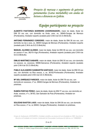 Proxecto de marcaxe e seguimento de gaivotas
                             patiamarelas (Larus michahellis) con anelas de
                             lectura a distancia en Galicia.


                                     Equipo participante no proxecto
ALBERTO PASTORIZA BARREIRO (COORDINADOR), maior de idade, titular do
DNI 53 xxx xxx, con domicilio na Avda. xxxx, xx, 36940-Cangas de Morrazo
(Pontevedra). Anelador experto (avalado polo C.M.A da S.E.O./BirdLife).

ANTONIO FERNÁNDEZ CORDEIRO, maior de idade, titular do DNI 36 xxx xxx, con
domicilio na rúa x xxxx, xx, 36940 Cangas de Morrazo (Pontevedra). Anelador experto
(avalado polo C.M.A da S.E.O./BirdLife).

MANUEL ALONSO ALONSO, maior de idade, titular do DNI 36 xxx xxx, con domicilio
en xxxxxx nº xxx, 36215–Vigo (Pontevedra). Anelador experto (avalado polo C.M.A da
S.E.O./BirdLife).


EMILIO MARTÍNEZ SABARÍS, maior de idade, titular do DNI 35 xxx xxx, con domicilio
no xxxxxxx, xx, xxxxxxxx, 36990-Sanxenxo (Pontevedra). Anelador experto (avalado
polo C.M.A da S.E.O./BirdLife).

PABLO ALEJANDRO SANMARTÍN SANTIAGO, maior de idade, titular do DNI 35 xxx
xxx, con domicilio na Rúa xxxxxx, x, xx, 36162-Pontevedra (Pontevedra). Anelador
experto (avalado polo C.M.A da S.E.O./BirdLife).

Mª SOL ENRÍQUEZ PAREDES, maior de idade, titular do DNI 78 xxx xxx, con
domicilio en xxxxxxxx, nº xx, 36940-Cangas de Morrazo (Pontevedra). Anelador en
prácticas.


RUBÉN PORTAS PÉREZ, maior de idade, titular do DNI 77 xxx xxx, con domicilio en
Avda. xxxxxxx, nº x, 36163, San Salvador de Poio (Pontevedra). Anelador en
prácticas.


SOLEDAD BASTOS LAGO, maior de idade, titular do DNI 36 xxx xxx, con domicilio
en Rúa xxxxxx, nº xx, xx 36940, Cangas (Pontevedra). Anelador en prácticas.




Grupo de Anelamento ANDURIÑA. Entidade científica sen ánimo de lucro fundada en 1985. Inscrita no
  Rexistro de Entidades de Carácter Ambiental da Comunidade Autónoma de Galicia co nº 2008/0083.

                                                25 de 29


     O Tobal, 35. 36940 Cangas (Pontevedra) • E-mail albertopastoriza@hotmail.com • Tel.: 658 993 396
 