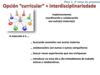 Implementamos
coordinación e colaboración
con outra(s) materia(s)
A intención é ir …
… buscando conexións con outras materias
… colaboracións con outras e outros compañeiros
… buscar novas experiencias que nos enriquezan
… introducir no noso día a día metodoloxías de traballo
activas e colaborativas.
 