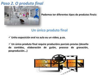 Paso 2. O produto final
Podemos ter diferentes tipos de produtos finais:
 Unha exposición oral na aula ou un vídeo, p.ex.
 Un único produto final require producións parciais previas (deseño
de contidos, elaboración de guión, proceso de gravación,
posprodución...)
Un único produto final
 