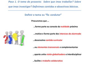 Procuremos que …
…forme parte ou conecte da realidade próxima
…motive e forme parte dos intereses do alumnado
…desenvolva contido curricular
…ou elementos transversais e complementarios
…aporte unha visión globalizadora e interdisciplinar
…facilite o traballo colaborativo
 