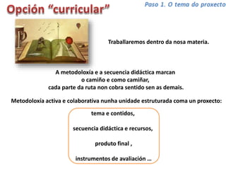 A metodoloxía e a secuencia didáctica marcan
o camiño e como camiñar,
cada parte da ruta non cobra sentido sen as demais.
Traballaremos dentro da nosa materia.
Metodoloxía activa e colaborativa nunha unidade estruturada coma un proxecto:
tema e contidos,
secuencia didáctica e recursos,
produto final ,
instrumentos de avaliación …
 
