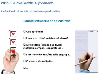 Paso 9. A avaliación. O feedback.
Avaliación do alumnado: as tarefas e o produto final.
Diario/cuestionario de aprendizaxe
 Que aprendín?
R ecursos: utiles? suficientes? claros?...
 Dificultades / Axuda que tiven:
materiais, compañeiros, profesor ….
T raballo individual/ traballo en grupo.
 O sistema de avaliación.
 …
 