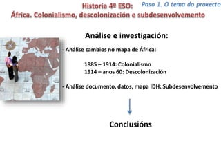 - Análise cambios no mapa de África:
1885 – 1914: Colonialismo
1914 – anos 60: Descolonización
- Análise documento, datos, mapa IDH: Subdesenvolvemento
Conclusións
Análise e investigación:
 