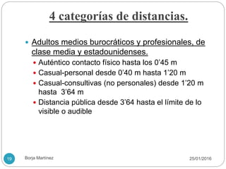 4 categorías de distancias.
 Adultos medios burocráticos y profesionales, de
clase media y estadounidenses.
 Auténtico contacto físico hasta los 0’45 m
 Casual-personal desde 0’40 m hasta 1’20 m
 Casual-consultivas (no personales) desde 1’20 m
hasta 3’64 m
 Distancia pública desde 3’64 hasta el límite de lo
visible o audible
25/01/201619 Borja Martínez
 