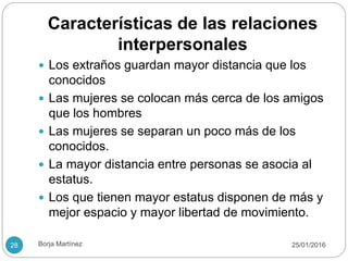 Características de las relaciones
interpersonales
 Los extraños guardan mayor distancia que los
conocidos
 Las mujeres se colocan más cerca de los amigos
que los hombres
 Las mujeres se separan un poco más de los
conocidos.
 La mayor distancia entre personas se asocia al
estatus.
 Los que tienen mayor estatus disponen de más y
mejor espacio y mayor libertad de movimiento.
25/01/201628 Borja Martínez
 
