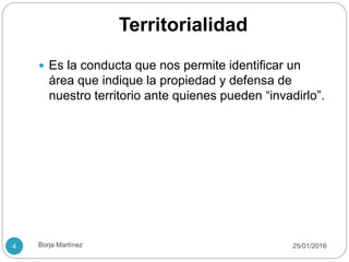 Territorialidad
 Es la conducta que nos permite identificar un
área que indique la propiedad y defensa de
nuestro territorio ante quienes pueden “invadirlo”.
25/01/20164 Borja Martínez
 