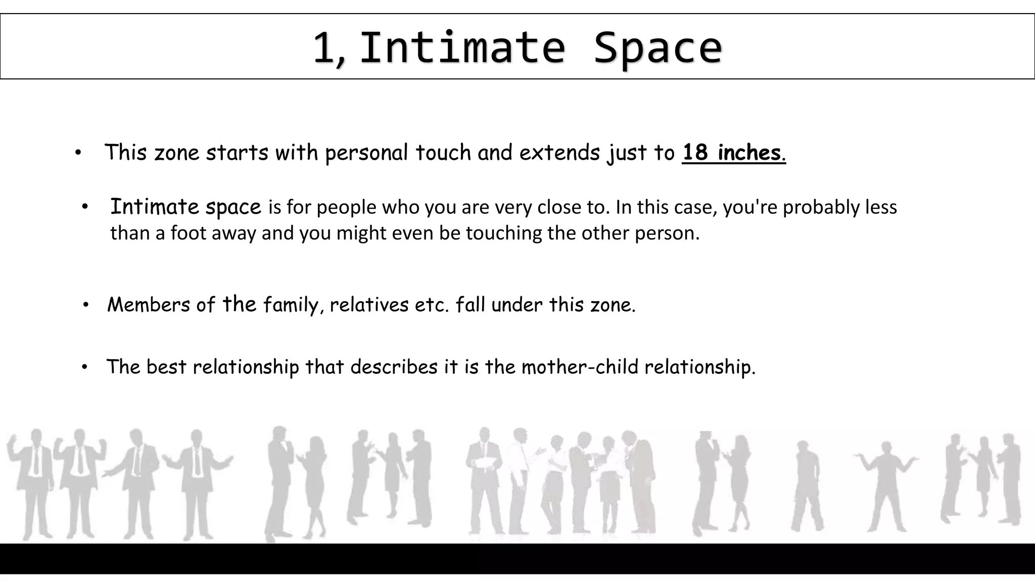 1, Intimate Space
• This zone starts with personal touch and extends just to 18 inches.
• The best relationship that describes it is the mother-child relationship.
• Members of the family, relatives etc. fall under this zone.
• Intimate space is for people who you are very close to. In this case, you're probably less
than a foot away and you might even be touching the other person.
 