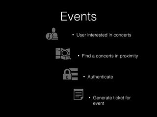 Events 
• User interested in concerts 
! 
• Find a concerts in proximity 
! 
• Authenticate 
! 
• Generate ticket for 
event 
 