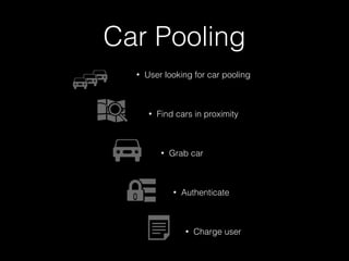 Car Pooling 
• User looking for car pooling 
! 
• Find cars in proximity 
! 
• Grab car 
! 
• Authenticate 
! 
• Charge user 
 
