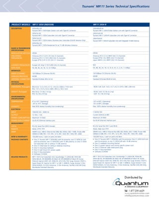 Tsunami MP.11 Series Technical Specifications
                                                                                                       ™




PRODUCT MODELS           MP.11 5054 (INDOOR)                                                          MP.11 2454-R
DESCRIPTION              5054-BSU-XX                                                                  2454-BSUR-XX
                         Tsunami MP.11 5054 Base Station Unit with Type-N Connector                   Tsunami MP.11 2454-R Base Station Unit with Type-N Connector
                         5054-SU-XX                                                                   2454-SUA-XX
                         Tsunami MP.11 5054 Subscriber Unit with Type-N Connector                     Tsunami MP.11 2454-R Subscriber Unit with Type-N Connector
                         5054-SUI-XX                                                                  2454-SUR-XX
                         Tsunami MP.11 5054 Indoor, Business-class Subscriber (EU/UK Versions Only)   Tsunami MP 2454-R Subscriber Unit with Integrated 18 dBi Antenna
                                                                                                                .11
                         5054-RSU-XX
                         Tsunami MP.11 5054 Residential SU w/ 15 dBi Window Antenna
RADIO & TRANSMISSION
SPECIFICATIONS
MODULATION METHOD        OFDM                                                                         OFDM
UNLICENSED               Americas (FCC) 5.25-5.35 GHz (3 channels)                                    Americas (FCC) 2.4-2.4835 GHz (13 channels)
FREQUENCIES              Americas (FCC) 5.725-5.850 GHz (5 channels)                                  Europe (ETSI) 2.4-2.4835 GHz (13 channels)
                         Europe (ETSI) 5.47-5.725 GHz (11 channels)                                   Japan (MKK) 2.4-2.4835 GHz (14 channels)

LICENSED FREQUENCIES     Europe (UK Only) 5.725-5.850 GHz (4 channels)                                N/A
DATA RATE                54, 48, 36, 24, 18, 12, 9, 6 Mbps                                            54, 48, 36, 24, 18, 12, 9, 6, 4.5, 3, 2.25, 1.5 Mbps
INTERFACES
WIRED ETHERNET           10/100Base-TX Ethernet (RJ-45)                                               10/100Base-TX Ethernet (RJ-45)
WIRELESS PROTOCOL        WORP                                                                         WORP
ANTENNA CONNECTOR        Standard N-Male (BSU & SU)                                                   Standard N-Female (BSUR & SUA)
PHYSICAL
SPECIFICATIONS
DIMENSIONS: (Packaged)   BSU & SU: 12.3 x 9.4 x 4.7 in (312.4 x 238.8 x 119.4 mm)                      BSUR, SUR, SUA: 14.6 x 13.7 x 8.2 in (370 x 348 x 208 mm)
                         RSU: 13.7 x 14.3 x 5.6 in (348 x 363.2 x 142.2 mm)
WEIGHT: (Packaged)       BSU & SU: 3.5 lbs (1.6 kg)                                                   BSUR, SUA: 9.2 lbs (4.2 kg)
                         RSU: 6.2 lbs (2.8 kg)                                                        SUR: 10.1 lbs (4.6 kg)
ENVIRONMENTAL
SPECIFICATIONS
TEMPERATURE              0° to 55°C (Operating)                                                       -33º to 60ºC (Operating)
                         -20° to 75°C (Storage)                                                       -55º to 80ºC (Storage)
HUMIDITY                 Max 95% relative humidity (non-condensing)                                   Max 100% relative humidity (non-condensing)
ELECTRICAL
INPUT                    100/240 VAC, 50/60 Hz                                                        110/250 VAC
OUTPUT                   12 VDC, 1.5A                                                                 Current 420mA at 48V
POWER CONSUMPTION        Maximum 10 Watt                                                              Maximum 20 Watt
POWER OVER ETHERNET      Via RJ-45 Ethernet interface port                                            Via RJ-45 Ethernet interface port
MANAGEMENT
LOCAL                    RS-232 Serial Port (DB-9 Female)                                             RS-232 Serial Port (RJ11 and DB-9)
REMOTE                   Telnet, HTTP, TFTP                                                           Telnet, Web GUI, TFTP
SNMP                     SNMPv1/v2c; MIB-II; Ethernet-like MIB; 802.3MAU; 802.11MIB; Private MIB;     SNMPv1/v2c; MIB-II; Ethernet-like MIB; 802.3MAU; 802.11MIB; Private MIB;
                         ORiNOCO MIB; RFC 1157; RFC 1213; RFC 1643; RFC 1493; RFC 2668                ORiNOCO MIB; RFC 1157; RFC 1213; RFC 1643; RFC 1493; RFC 2668
MTBF & WARRANTY          150,000 hours; 1-year on parts and labor                                     100,000 hours; 1-year on parts and labor
PACKAGE CONTENTS         • One (1) Tsunami MP.11 5054-BSU with N-connector, one (1) 5054-SU Unit      • One (1) Tsunami MP.11 2454-BSU with N-connector, One (1) 2454-SUA Unit
                           with N-connector, one (1) 5054-RSU with 15 dBi antenna, or One (1) 5054-     with N-connector, or one (1) 2454-SUR with 18 dBi antenna
                           SUI Subscriber with or without 15 dBi antenna                              • One (1) wall/pole mounting bracket
                         • One (1) metal base for ceiling or desktop mounting                         • One (1) power injector and country specific power cord
                         • One (1) mounting hardware                                                  • One (1) Ethernet cable water-proof plug
                         • One (1) wall mount DC power supply                                         • One (1) Documentation
                         • One (1) Documentation                                                      • Software CD-ROM
                         • Software CD-ROM
RELATED PRODUCTS         MP.11 5012-SUI Subscriber Unit, Quickbridge.11 (2454-QB, 5054-QB,            MP.11 5012-SUI Subscriber Unit, Quickbridge.11 (2454-QB, 5054-QB,
                         5054-QB-LR), AP-4000MR(-LR) Mesh AP, AP-4900MR-LR Mesh AP, Active            5054-QB-LR), AP-4000MR(-LR) Mesh AP, AP-4900MR-LR Mesh AP, Active
                         Ethernet Injector (4301-XX, 4306-XX, 4312-XX), PoE Surge Arrestor (70251),   Ethernet Injector (4301-XX, 4306-XX, 4312-XX), PoE Surge Arrestor (70251),
                         Spare Power DC Injector for MP.11 or QB.11 (69823), Surge Arrestor 5 GHz     Spare Power DC Injector for MP.11 or QB.11 (69823), Surge Arrestor 5 GHz
                         (5054-SURGE), 2.4 GHz Antennas, 5 GHz Antennas, ServPak (US/CAN Only),       (5054-SURGE), 2.4 GHz Antennas, 5 GHz Antennas, ServPak (US/CAN Only),
                         Worldwide Extended Warranty                                                  Worldwide Extended Warranty
 