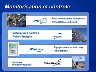 MMoonniittoorriissaattiioonn eett ccôônnttrroollee 
• Fonctionnements industriels 
• Installation et édifices 
• Installations solaires 
• Autres énergies 
• Données 
météorologiques 
• Équipements industriales 
• Installations 
 
