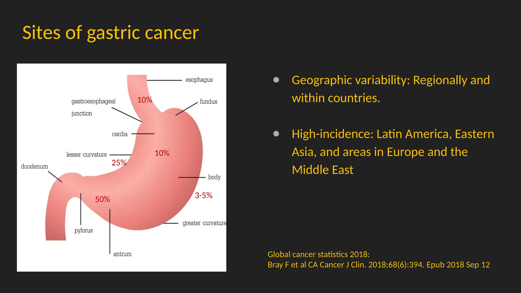 Sites of gastric cancer
● Geographic variability: Regionally and
within countries.
● High-incidence: Latin America, Eastern
Asia, and areas in Europe and the
Middle East
Global cancer statistics 2018:
Bray F et al CA Cancer J Clin. 2018;68(6):394. Epub 2018 Sep 12
10%
25%
50%
10%
3-5%
 