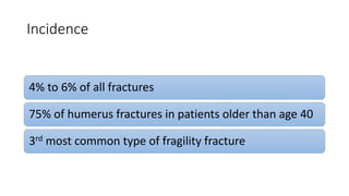 Incidence
4% to 6% of all fractures
75% of humerus fractures in patients older than age 40
3rd most common type of fragility fracture
 